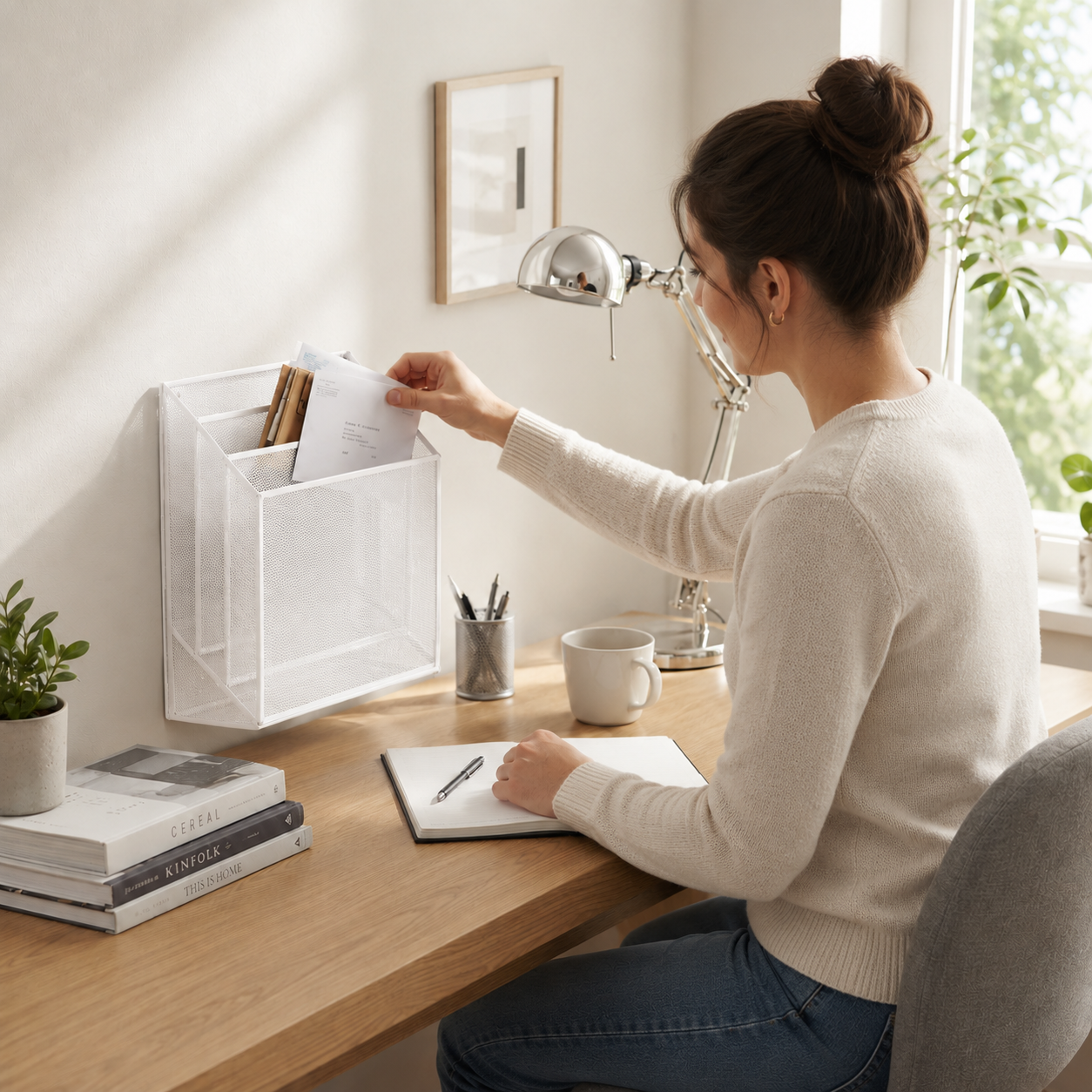 femme et organisateur de bureau blanc
