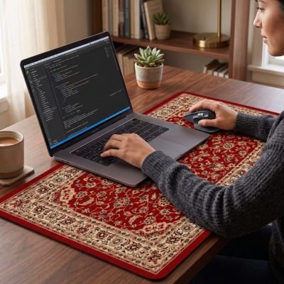 Sous main bureau rouge sous laptop