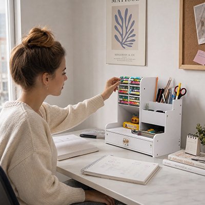 Femme fixant son organisateur de bureau 