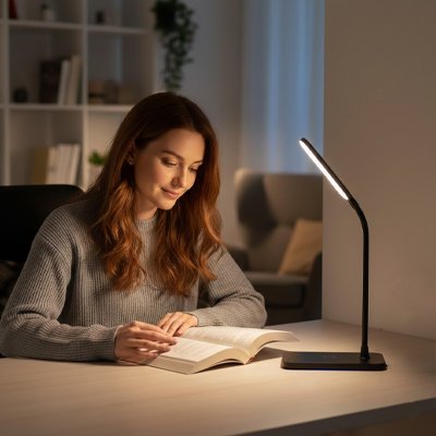 Femme lisant avec lampe de bureau 