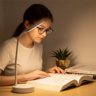 Femme lisant avec une lampe de bureau 