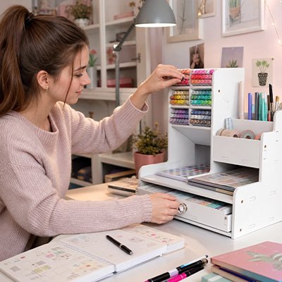Femme range son organisateur de bureau 
