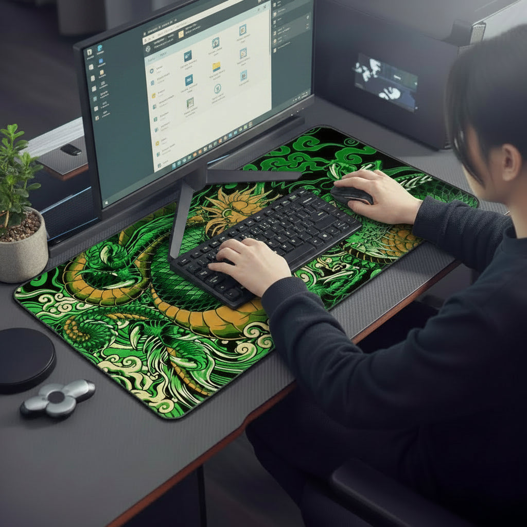 femme utilisant sous main bureau vert 