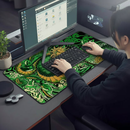 femme utilisant sous main bureau vert 