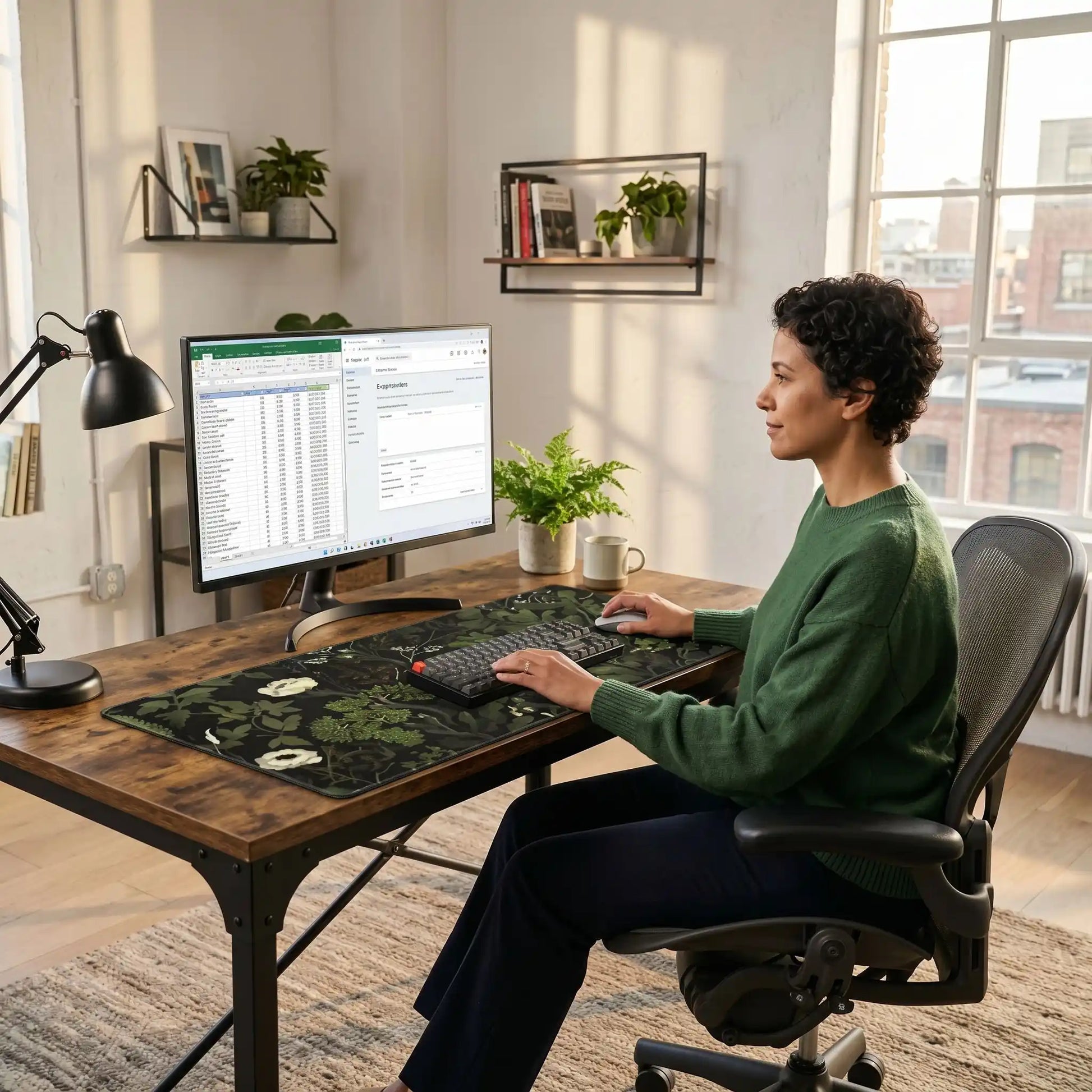 femme utilisant sous main bureau 