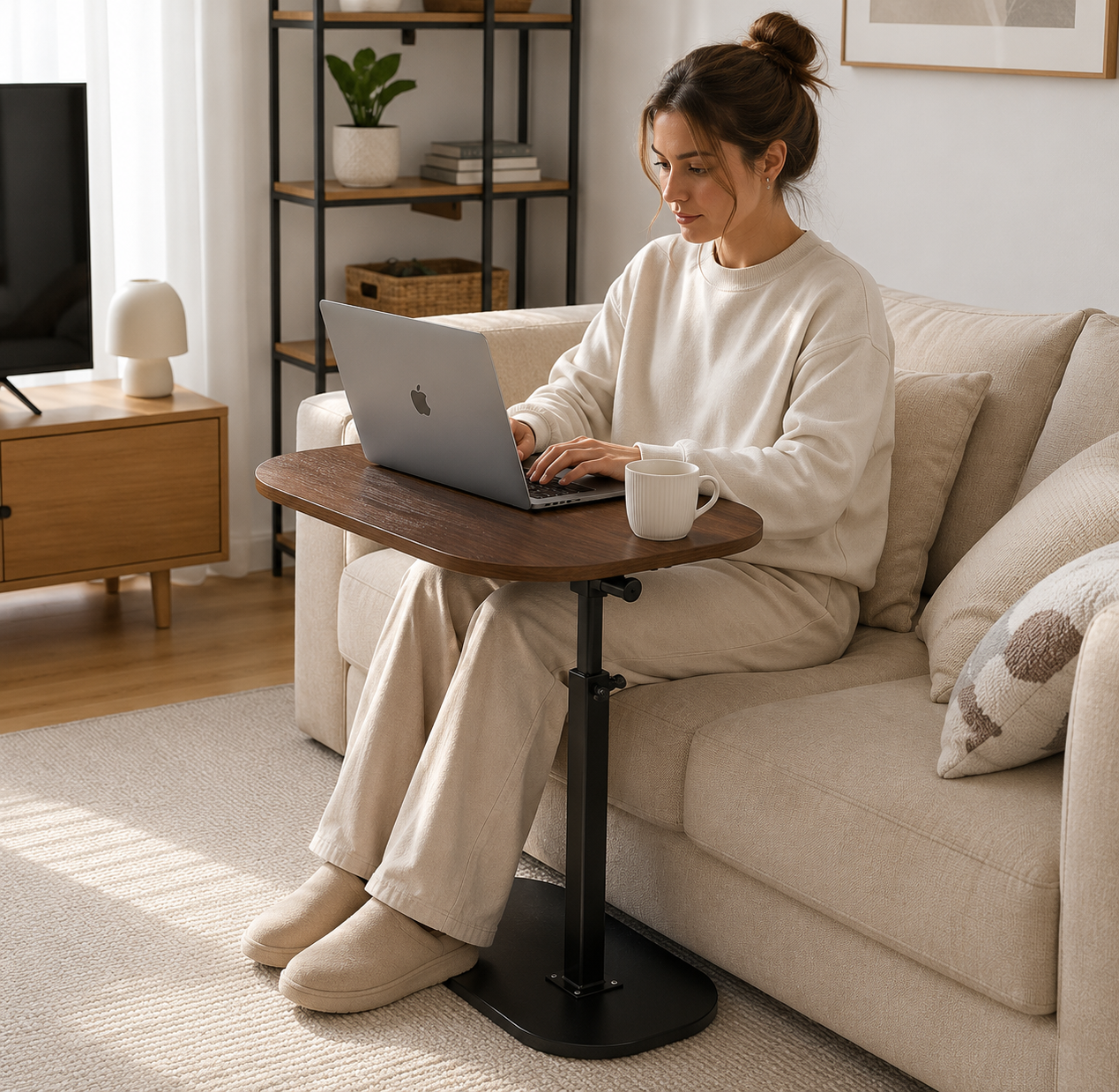 femme utilisant table de bureau mobile
