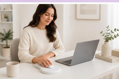 femme utilisant un tapis de souris blanc