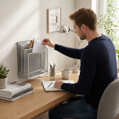 homme et organisateur de bureau gris