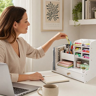 Organisateur de bureau rempli avec plume