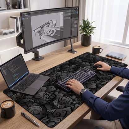 personne utilisant grand sous main bureau noir