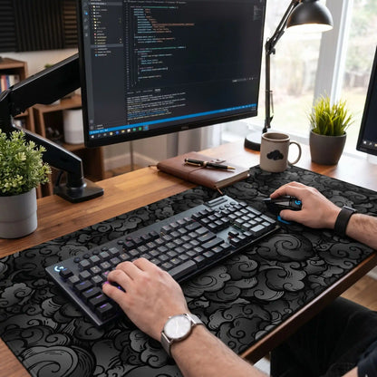 personne utilisant sous main bureau noir