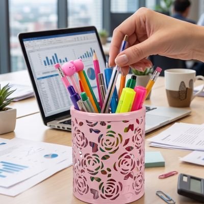 Porte stylo rose rempli