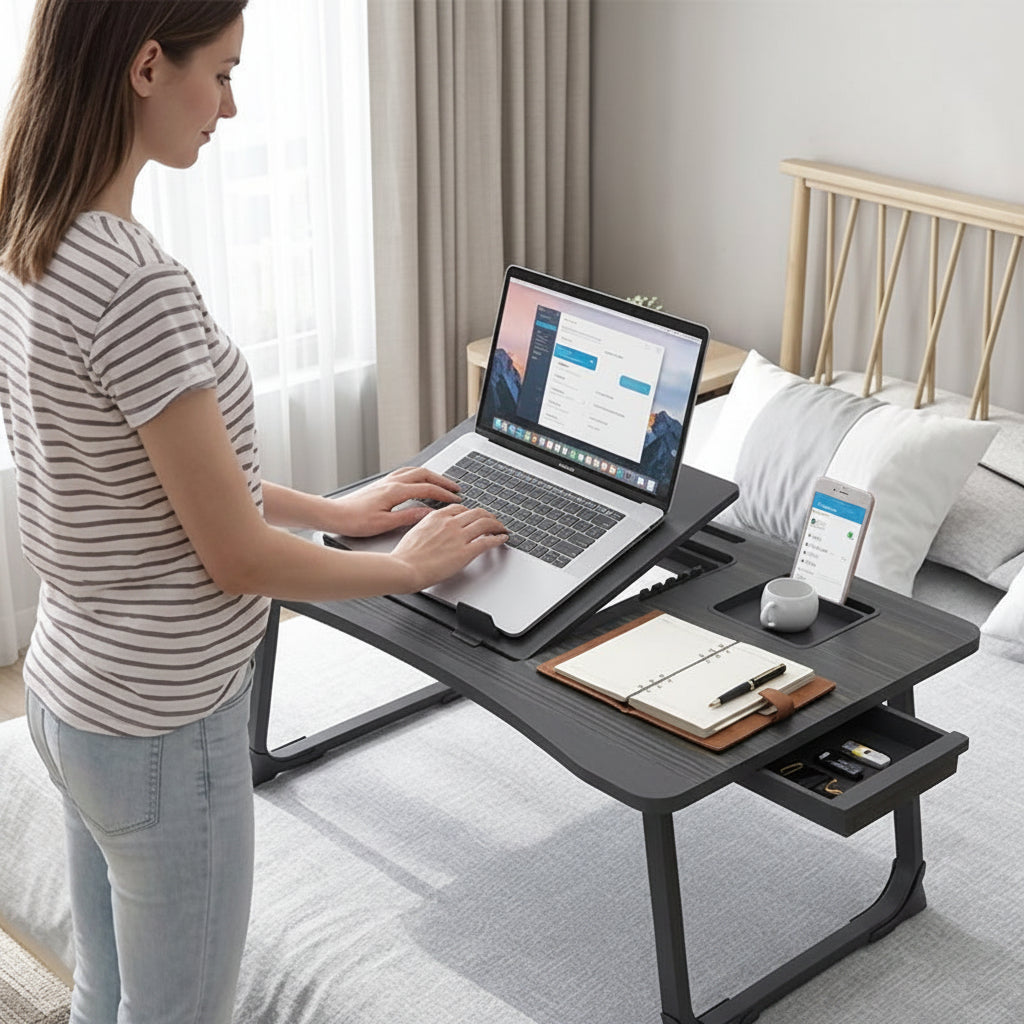 Table ordinateur portable gris sur le lit